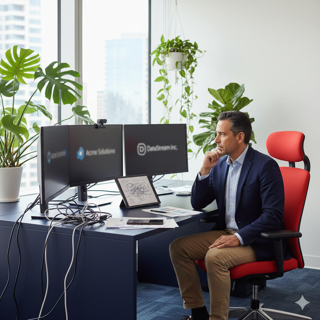 Professional consultant looking at disconnected screens and devices