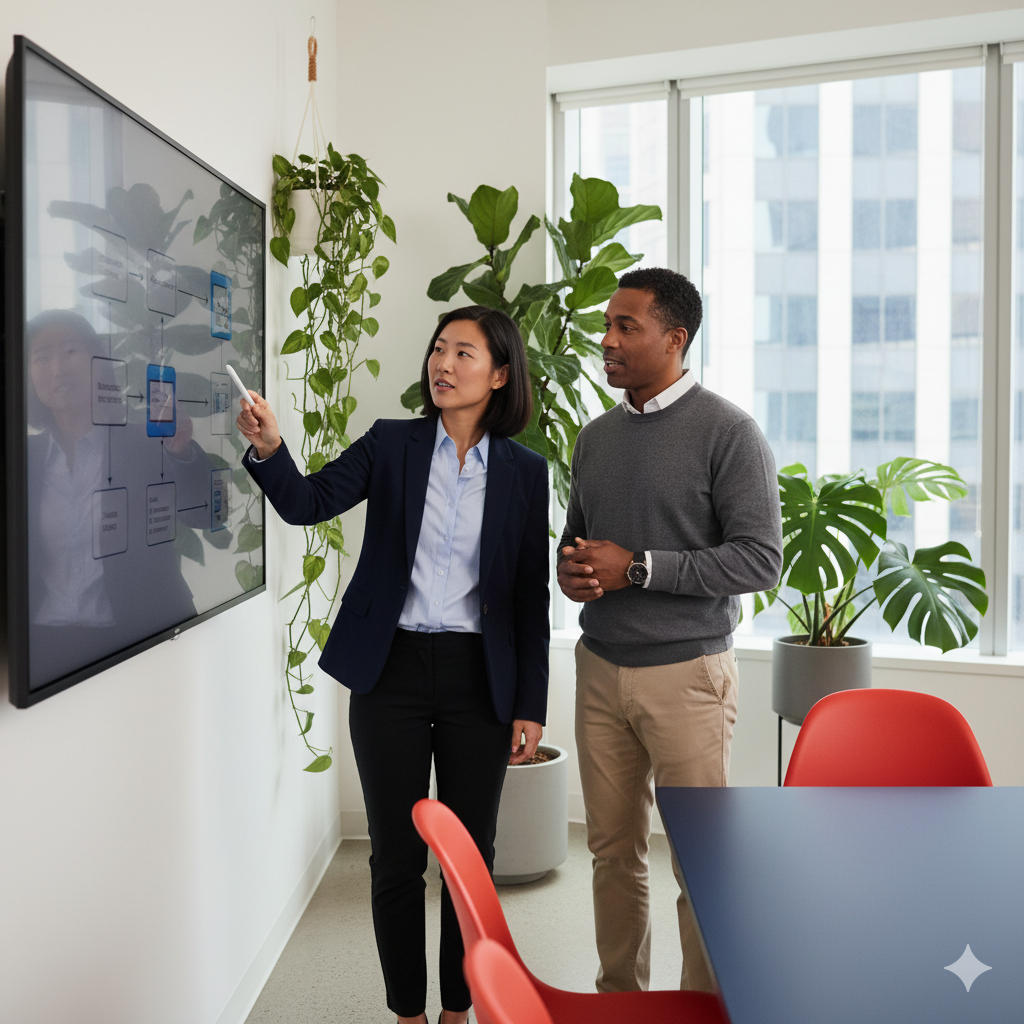 Two professionals collaborating with unified architecture diagram