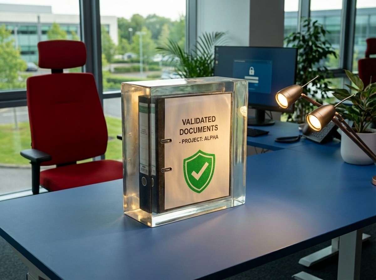 Frozen artifacts concept showing validated documents in transparent resin block