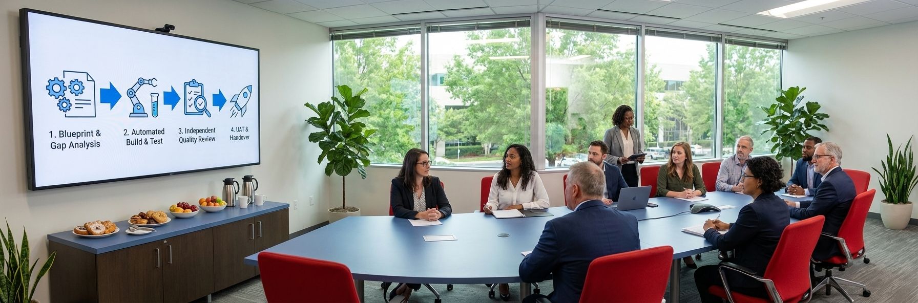 4-step process flow diagram showing Blueprint, Build, Review, and Handover